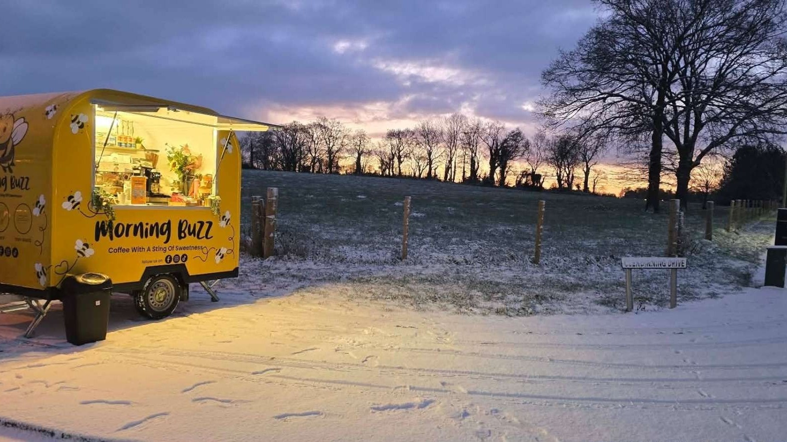 Morning Buzz Coffee trailer in the snow at sunrise Portadown for the hero