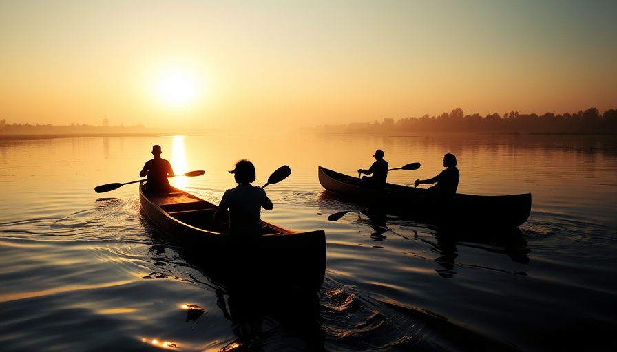 Silhouette canoe paddling on serene African river at sunset.