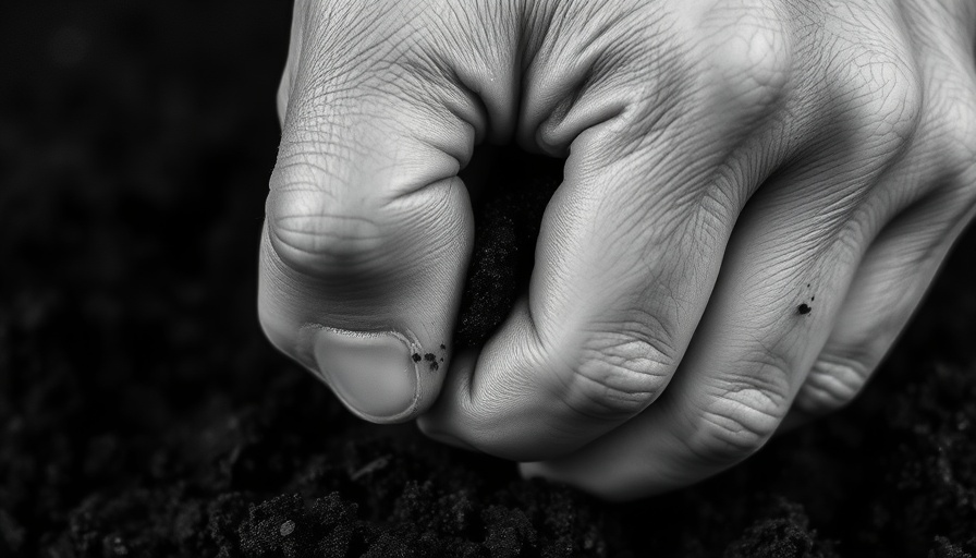 Hand gripping soil, symbolizing stress reduction.