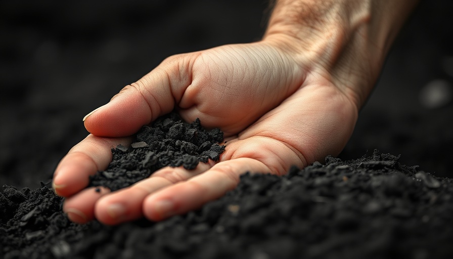 Close-up hand grasping soil in black and white, conveying mindfulness and grounding.