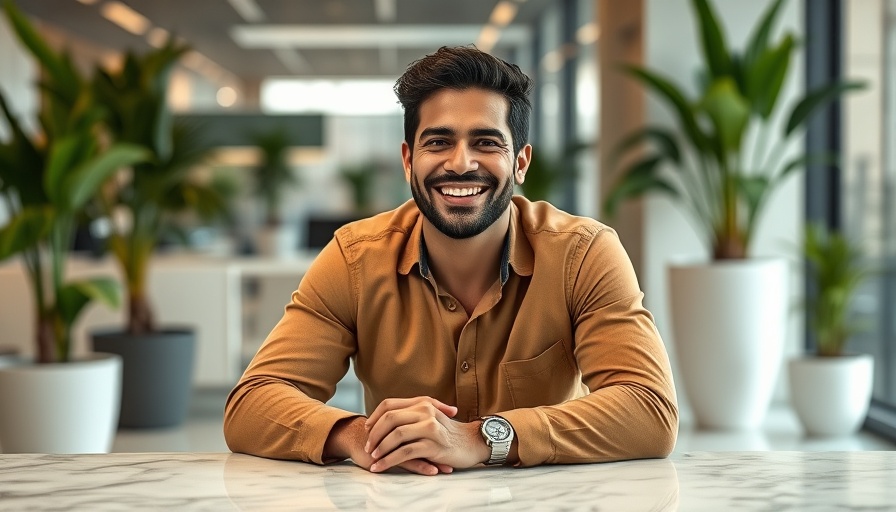 Confident man smiling in modern office discussing oncology-safe skincare.
