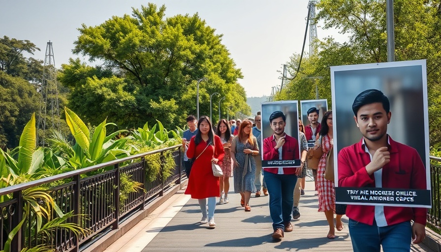 People walking on a bridge during Tutu Memorial Walk with Desmond Tutu posters.