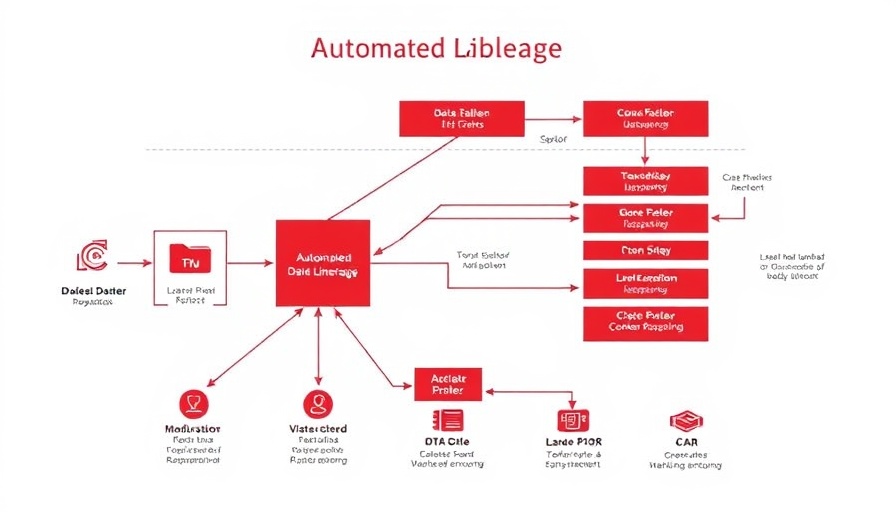 Diagram of AI-driven data lineage for financial services solution, showing system components and data flow.