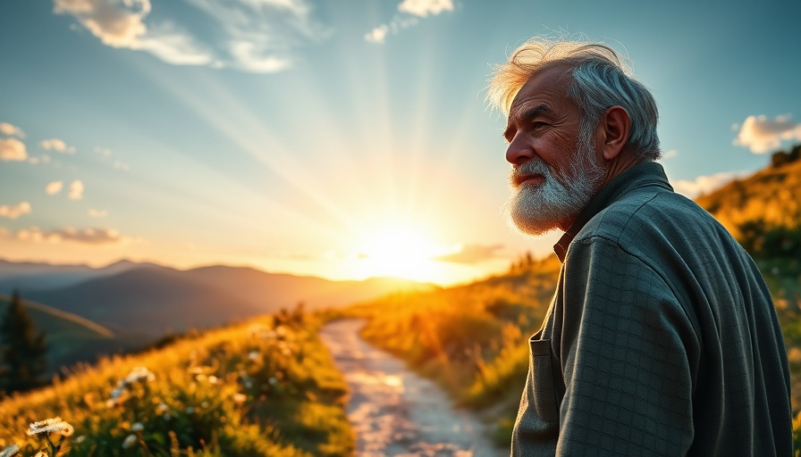 An older man carrying a stone up a hill at sunrise, symbolizing overcoming regrets.