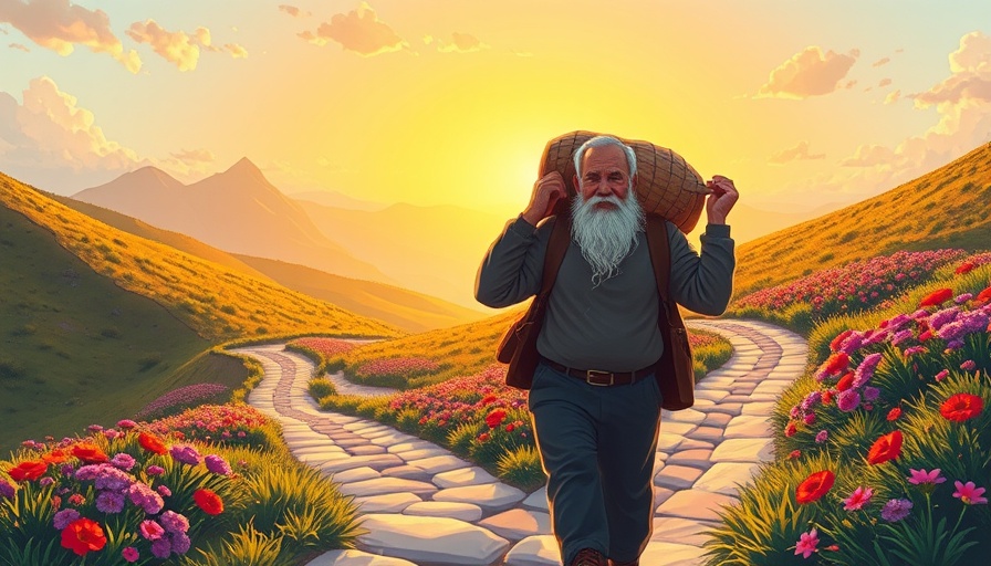 Elderly man on a path carrying a burden, symbolizing self-forgiveness and regret.