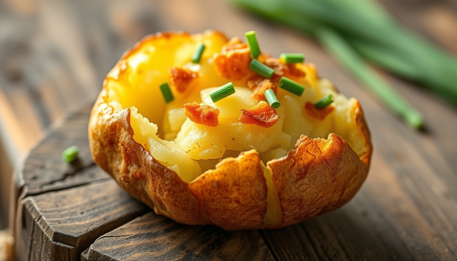 Crispy baked potato topped with chives on rustic wood surface.