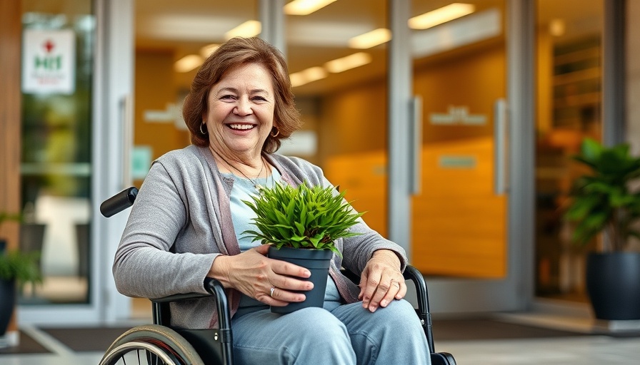 Cheerful woman in a wheelchair outside a hospital holding a plant, related to Breast Cancer Disparities in Black Women.