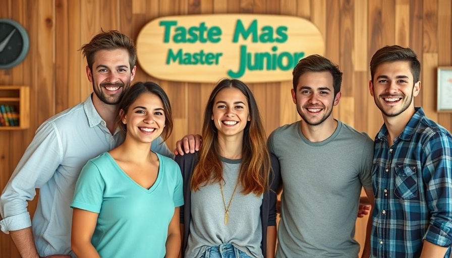 Taste Master Junior presenters smiling in front of show backdrop.