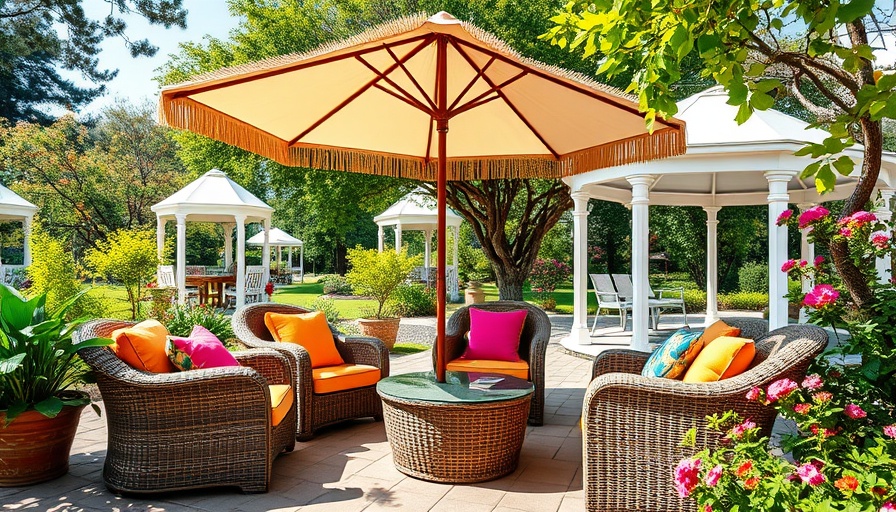 Vibrant garden seating area under parasol for summer entertaining tips.