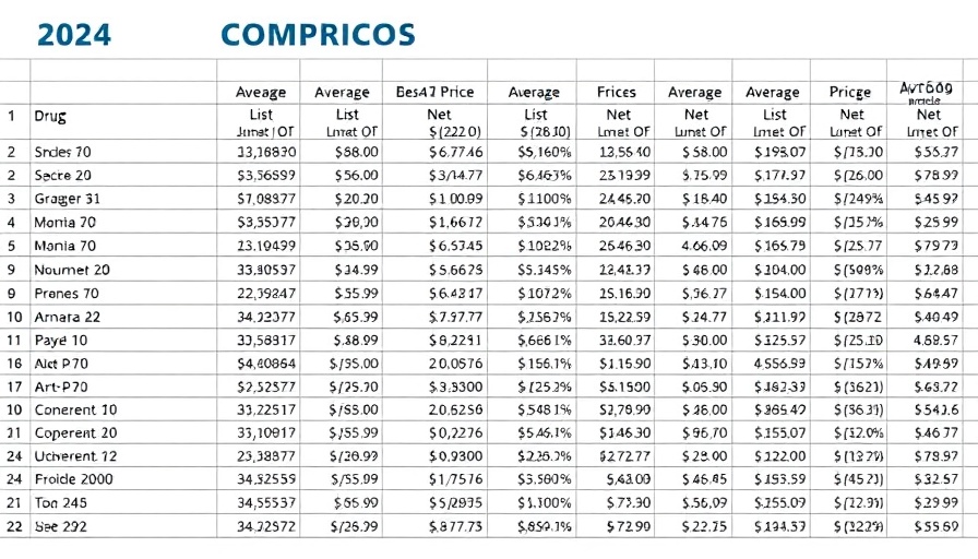 Spreadsheet displaying 2024 gross-to-net realities in drug pricing comparisons.