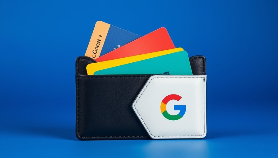 Minimalist Google Wallet with colorful cards on a blue background.