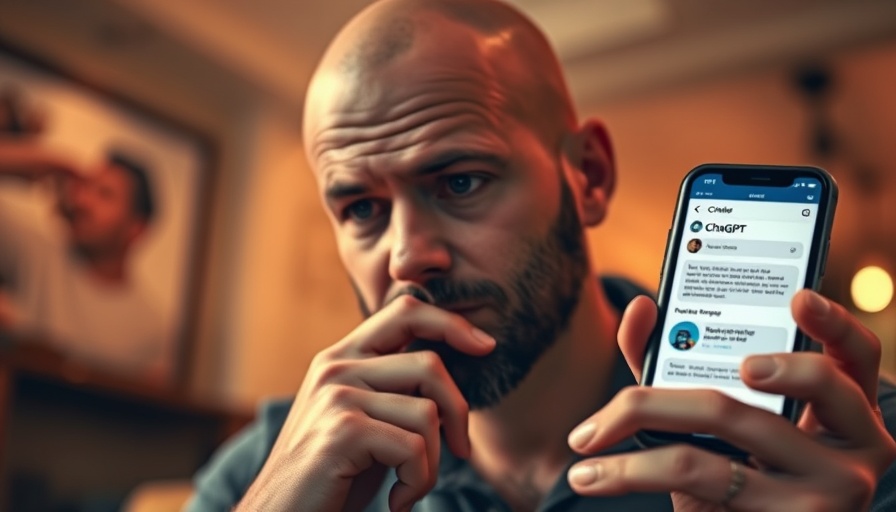 Man with smartphone analyzing AI platform ranking, pondering expression.