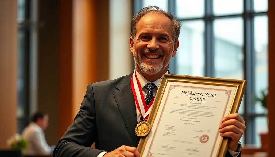 Man holding award certificate and medal indoors, celebrating.