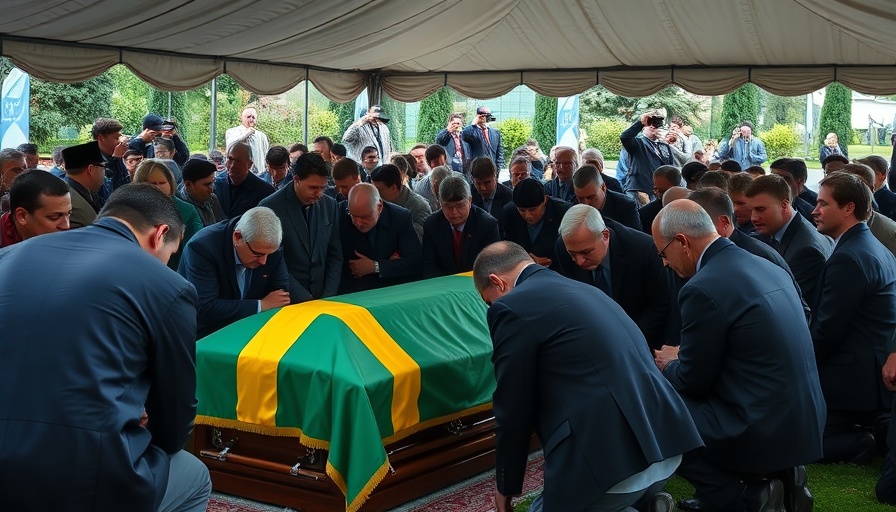 Memorial service attendees kneel around a vibrant casket, reflecting Nathi Mthethwa's death implications.
