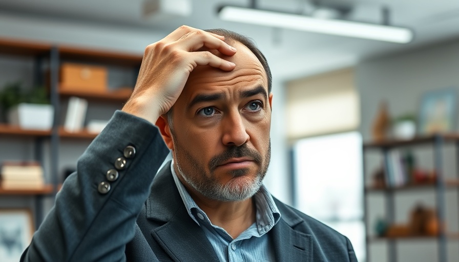 Concerned man thinking, office backdrop, crypto context.