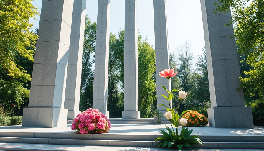 Cradock Four Inquest memorial with vibrant plant and towering pillars.