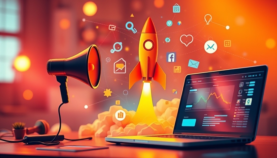 Dynamic digital marketing illustration with megaphone and rocket.