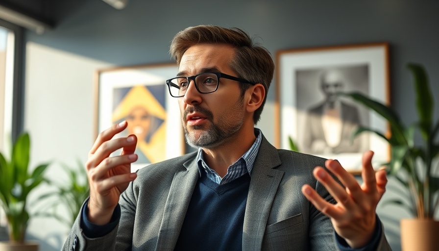 Confident speaker in office discussing Google Ads strategy.
