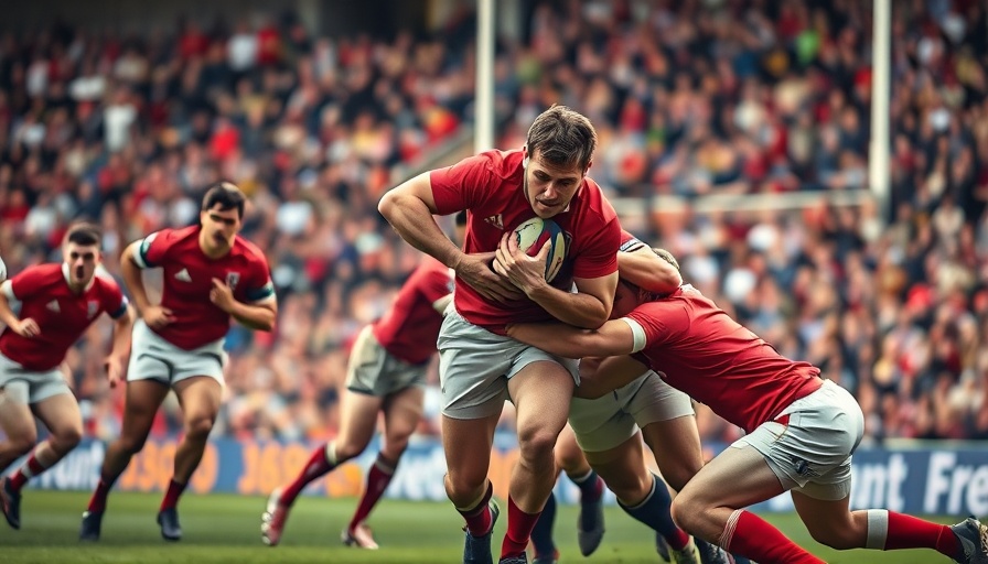 Rugby World Cup action with intense tackle during match.