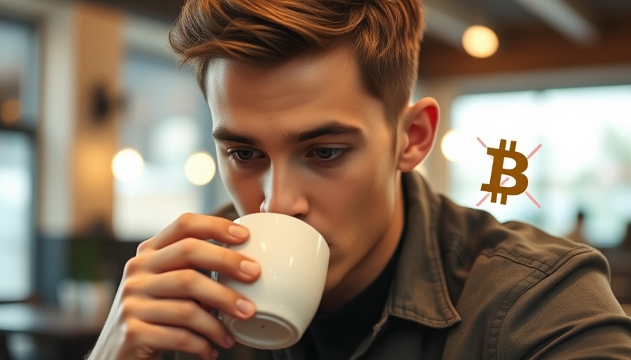 Man with coffee next to crossed-out Bitcoin symbol, Bitcoin Price discussion.