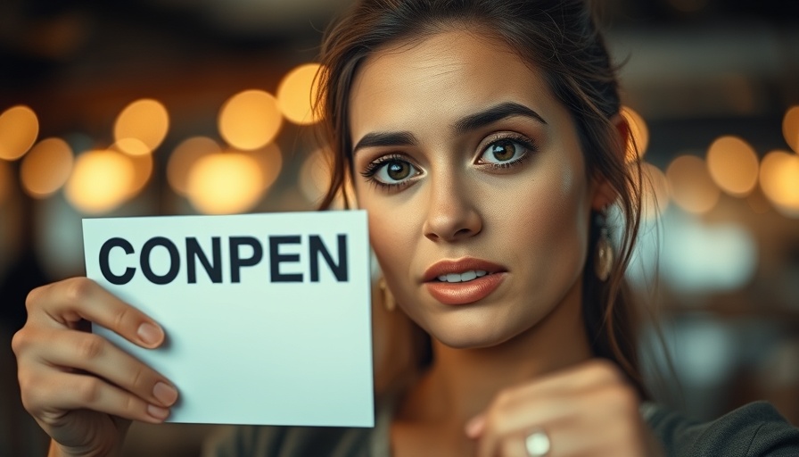Expressive woman pointing at a sign, concept discussion, indoor setting.
