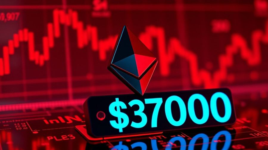 Ethereum logo with $3700 prediction against a red financial chart background.