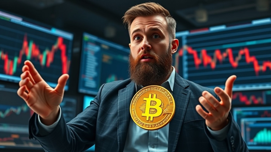Concerned man in office with Bitcoin chart showing a decline.