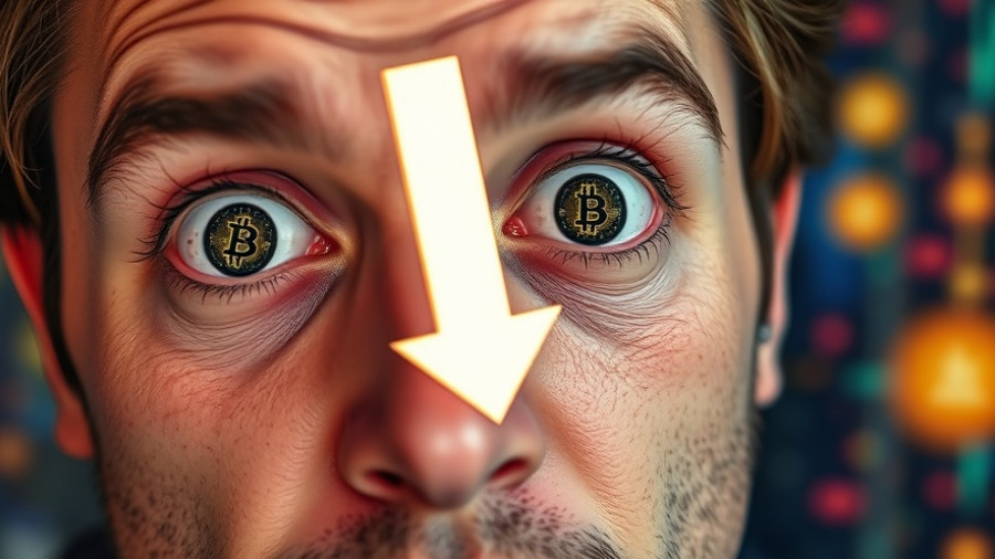 Surprised person with Bitcoin price symbols, intense graphic.