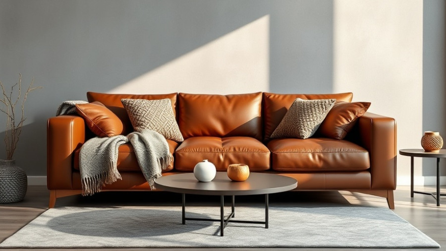 Contemporary leather sofa with stylish cushions in minimalist room.