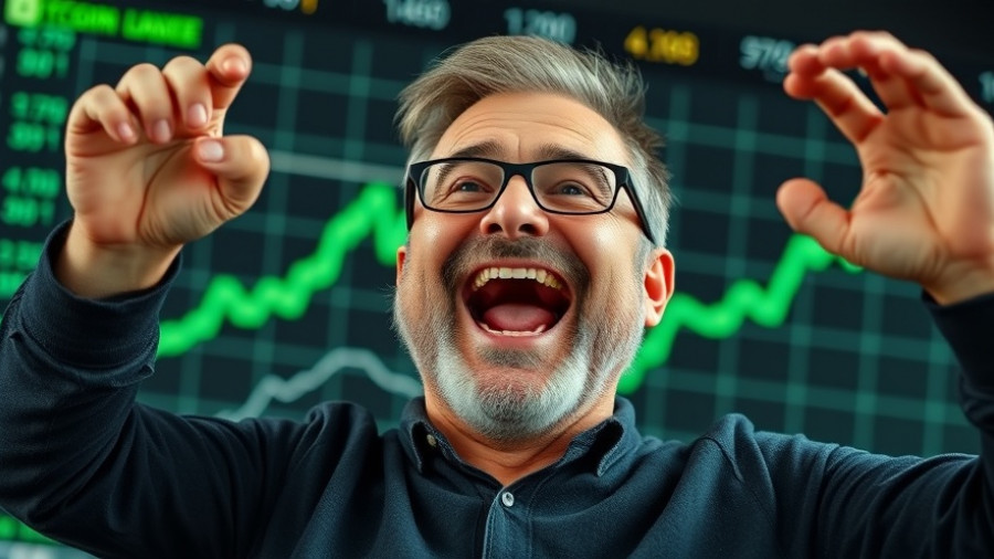 Man celebrating rising Bitcoin price prediction with chart.