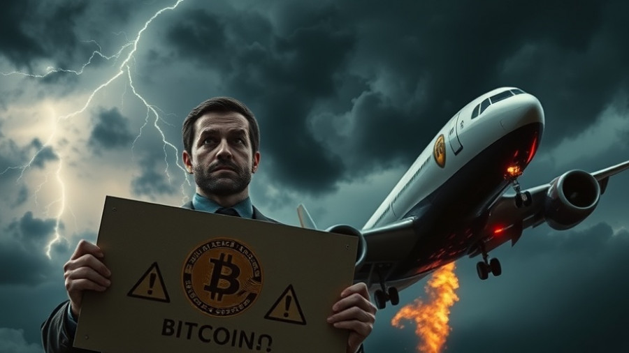 Bitcoin crash prediction concept with airplane and warning sign in stormy sky.