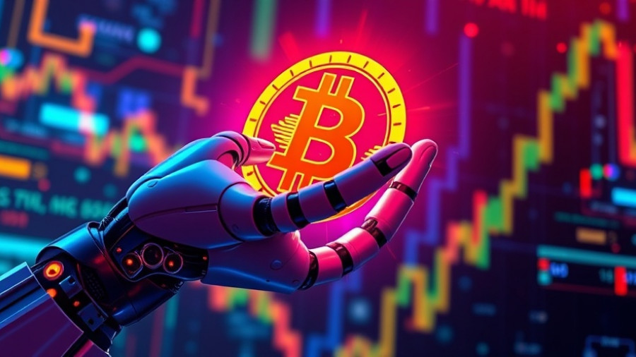 Futuristic AI crypto trading bots concept with Bitcoin and robotic hand.