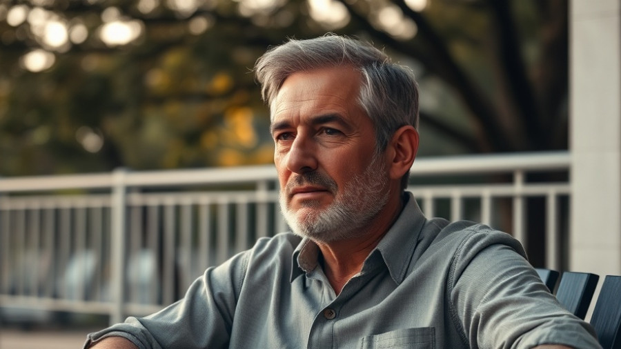 Middle-aged man outdoors relaxing, contemplating, cinematic photo.