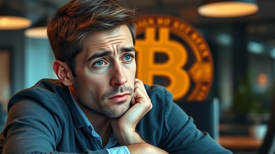 Concerned young man with Bitcoin symbol in background, final warning.