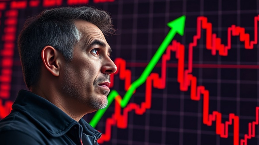 Concerned man watching Bitcoin chart rise with green arrow.