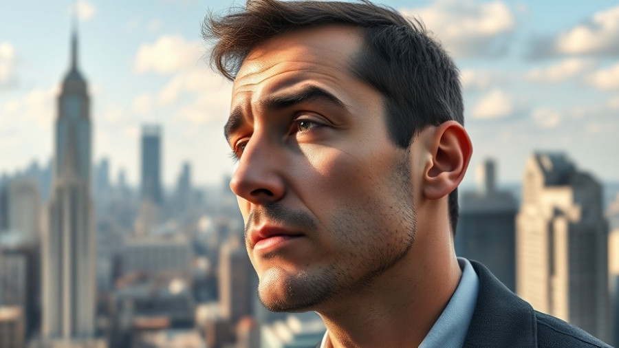 Pensive man contemplating market trends with city skyline in the background.