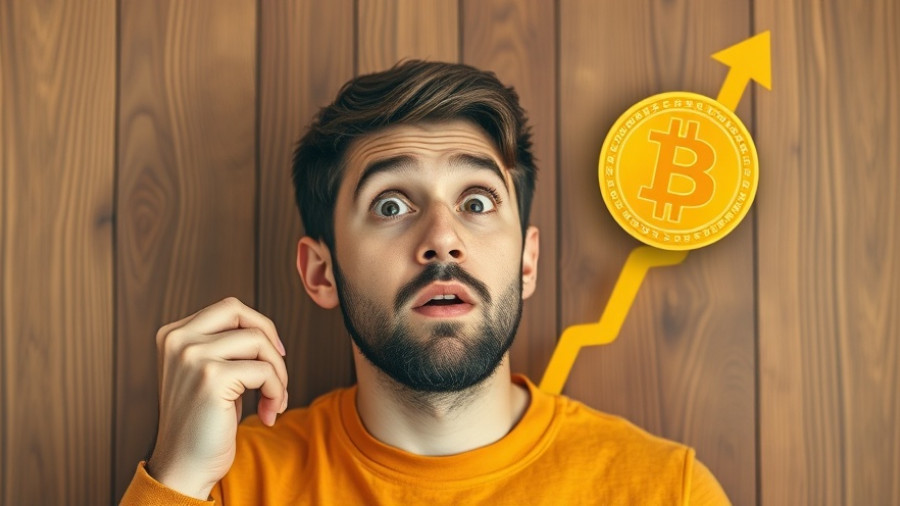 Young man surprised at rising Bitcoin price forecast symbol with arrow.