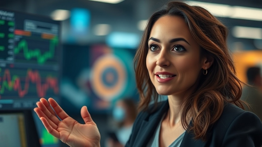 Woman discussing AI crypto trading strategies in a tech setting