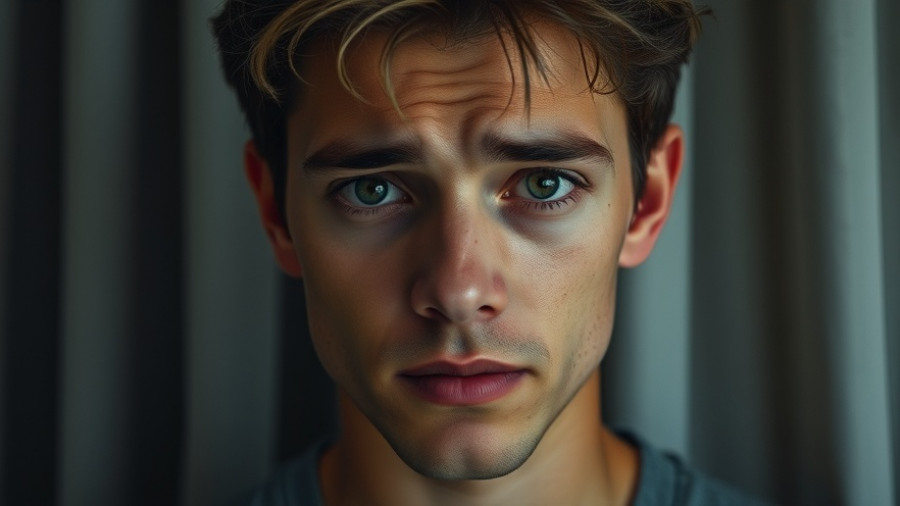 Young man looking confused, neutral curtain background.