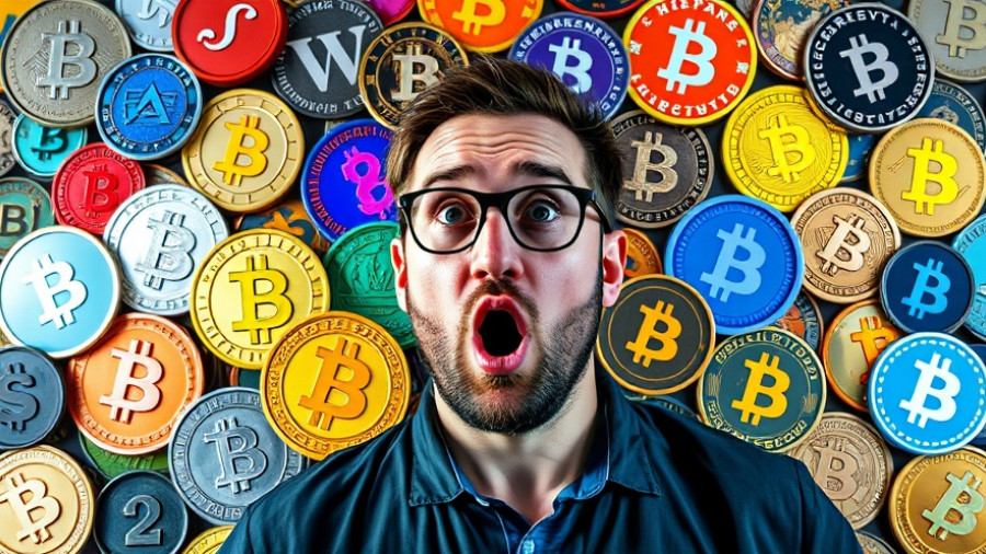 Crypto bull run vibrant collage with coin logos, surprised man.