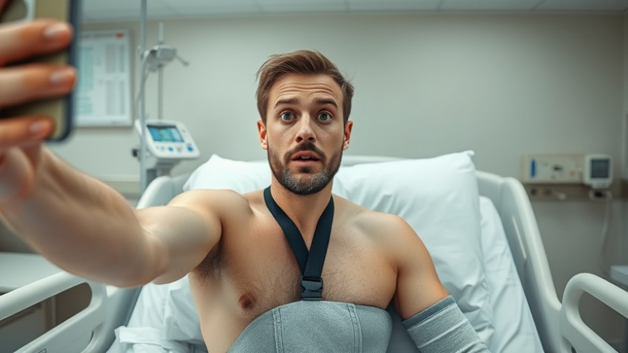 Surprised man in hospital bed with sling selfie, altcoin season confirmed.