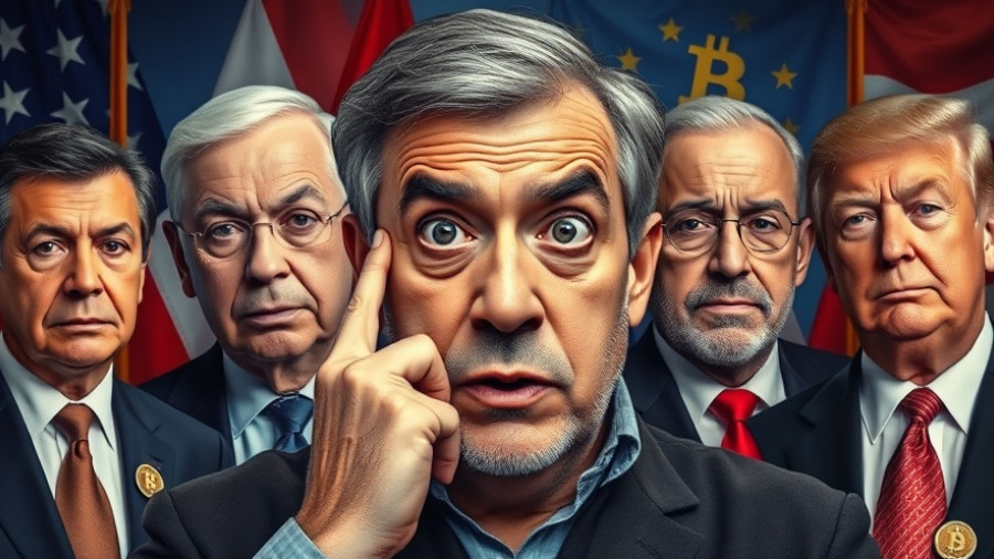 Crypto Prices Will Likely Get ABSURD: Concerned man amidst leaders and Bitcoin icon.