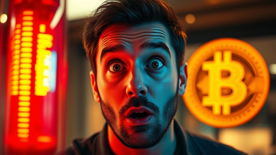 Surprised man reacting to Bitcoin price rejection, with alert light.
