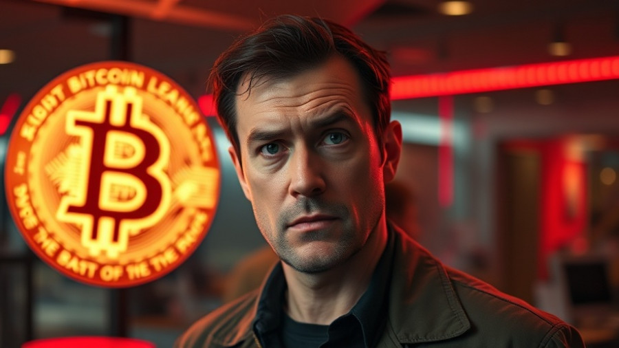 Concerned man next to Bitcoin symbol with red alert light.