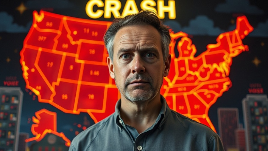 Map of USA with 'CRASH' text, representing commercial real estate crisis 2025.