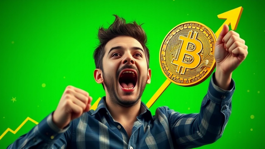 Excited man with Bitcoin symbol and upward trend, Bitcoin could double in 60 days.