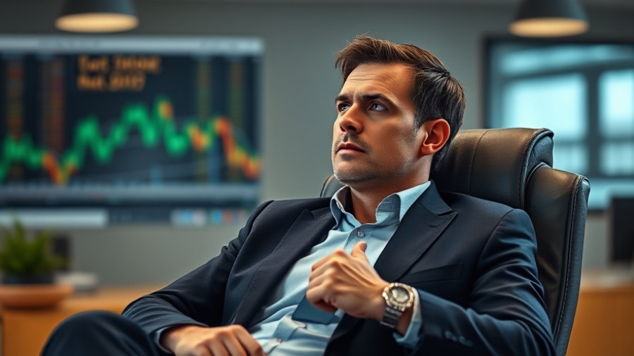 Man contemplating Bitcoin prices with serious expression in an office.