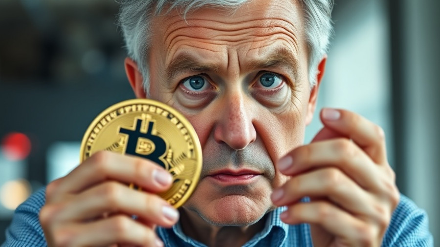 Concerned man analyzing Bitcoin symbol with cross, Bitcoin Price alert.
