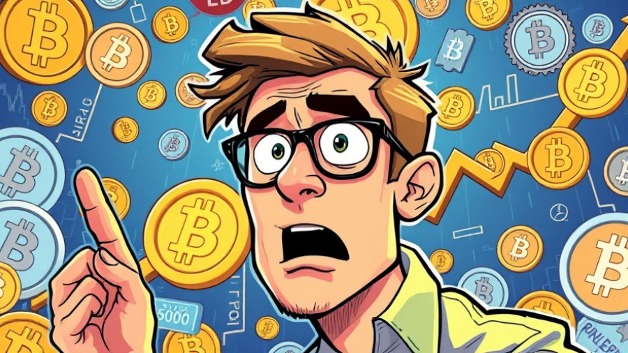 Surprised man with crypto icons and declining graph about crypto crash today.