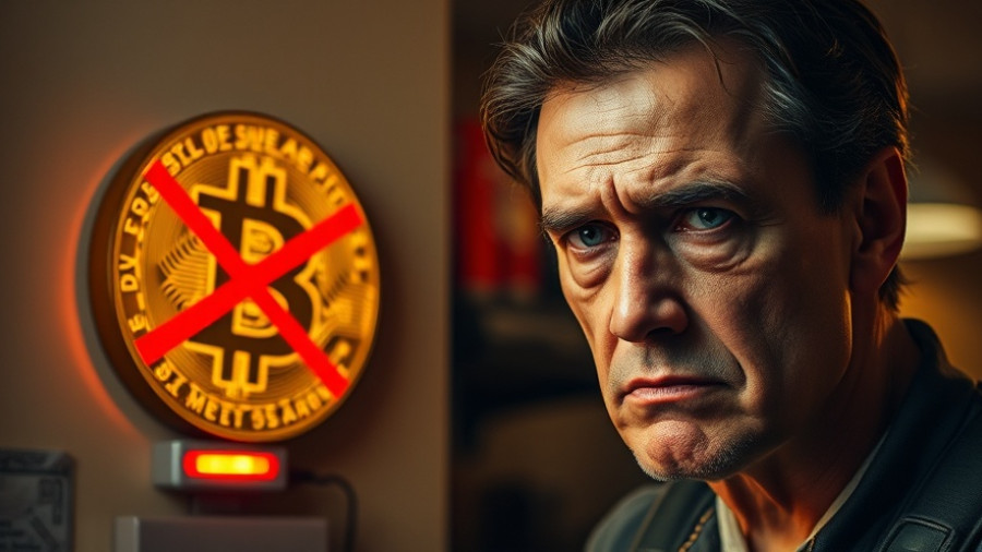 Concerned person next to crossed-out Bitcoin symbol, alarm light.